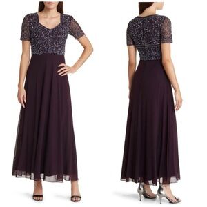 Pisarro Nights Beaded Bodice A Line Gown Maxi Dress Wine Purple Sz 6